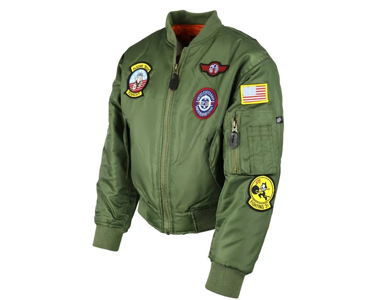 Green bomber jacket with patches on a white background