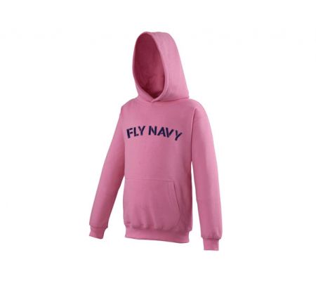 Pink hoodie with 'Fly Navy' text on a white background