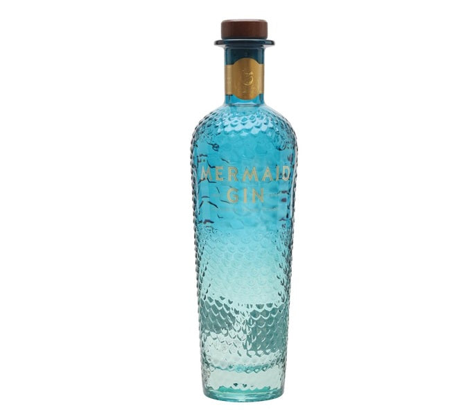 Blue bottle of Mermaid Gin on a white background