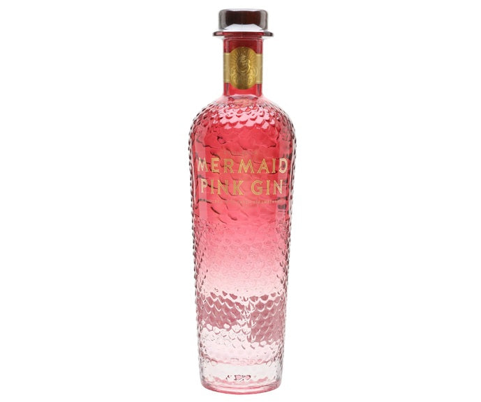 Mermaid Pink Gin bottle with a textured design on a white background