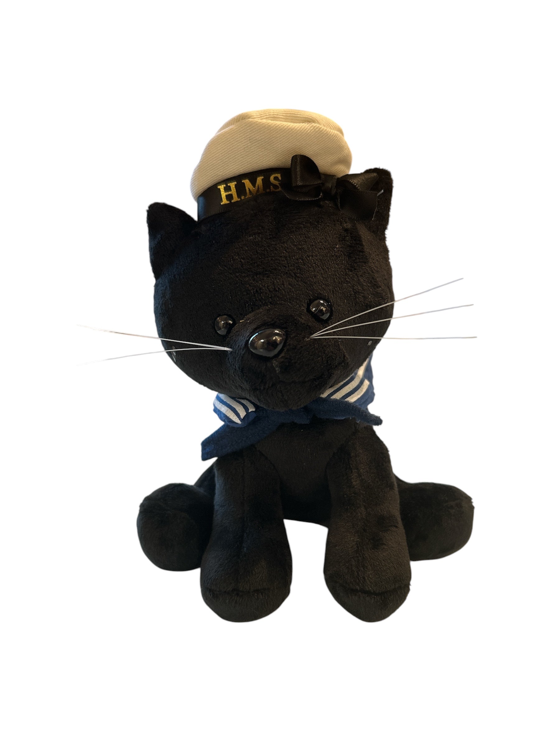 Black cat plush toy with a HMS hat on a white background