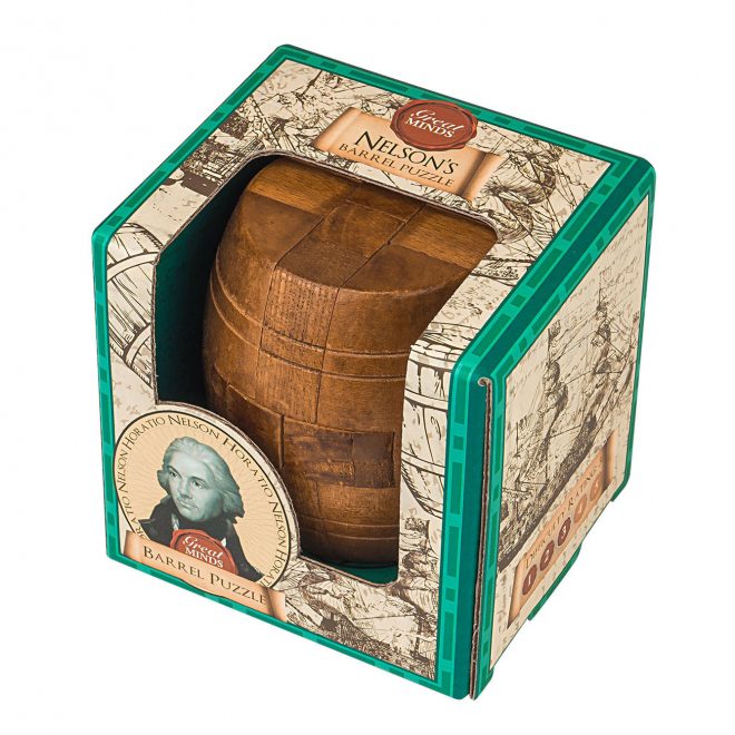Wooden barrel puzzle in a decorative box with Nelson's Farewell Puzzle branding.