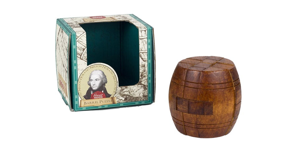 Wooden puzzle barrel with a decorative box featuring a portrait on a white background