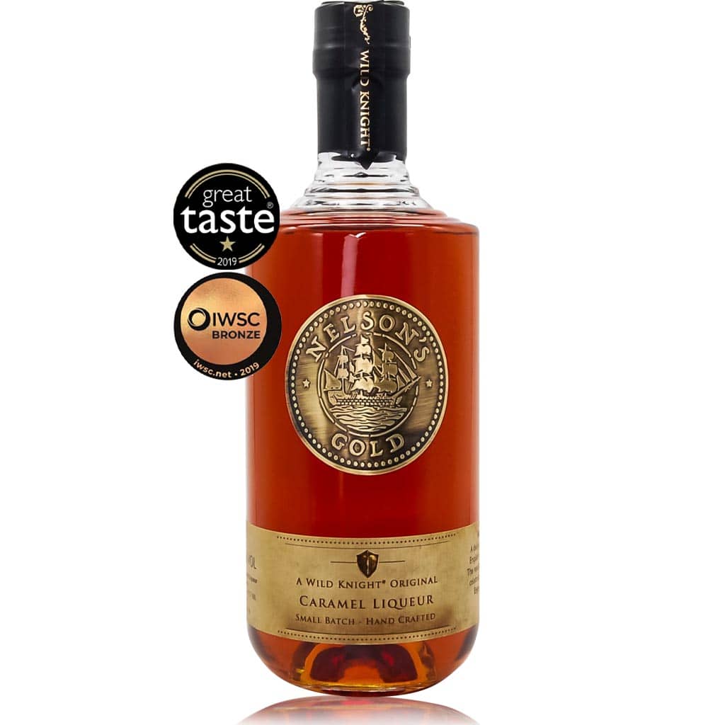 Bottle of Nelson's Gold Caramel Liqueur with awards on a white background