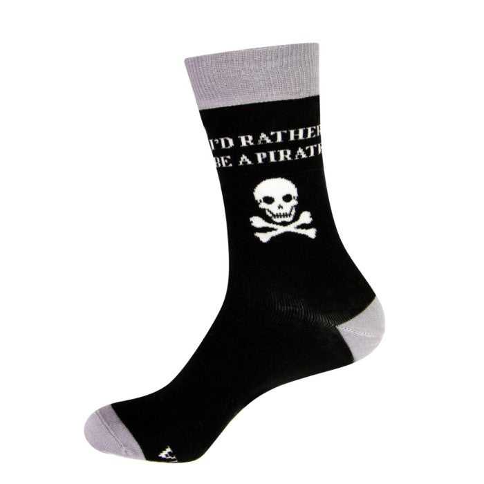 Black sock with skull and crossbones design and text 'I'd Rather Be A Pirate' on a white background