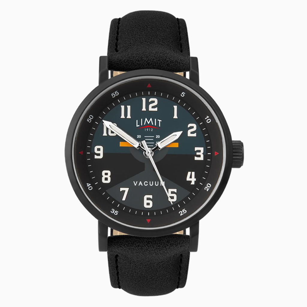 Black wristwatch with a detailed face on a white background