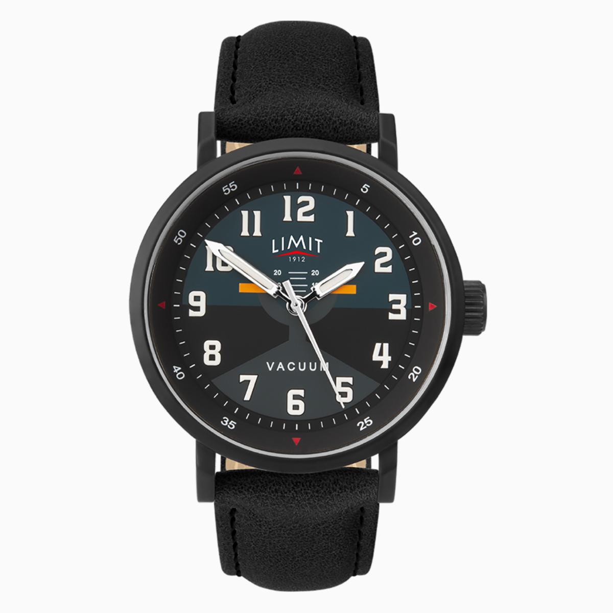 Black wristwatch with a detailed face on a white background