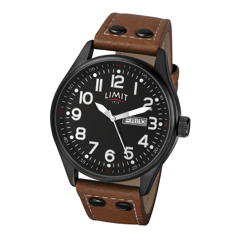 Wristwatch with brown leather strap and black dial on a white background