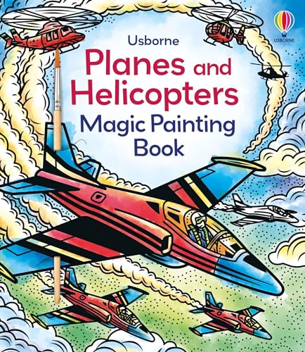 Book cover of 'Planes and Helicopters Magic Painting Book' by Usborne with colorful airplanes and helicopters.