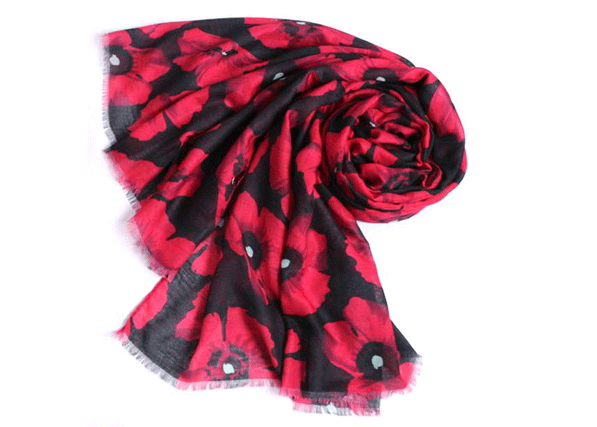 Black scarf with poppy print.