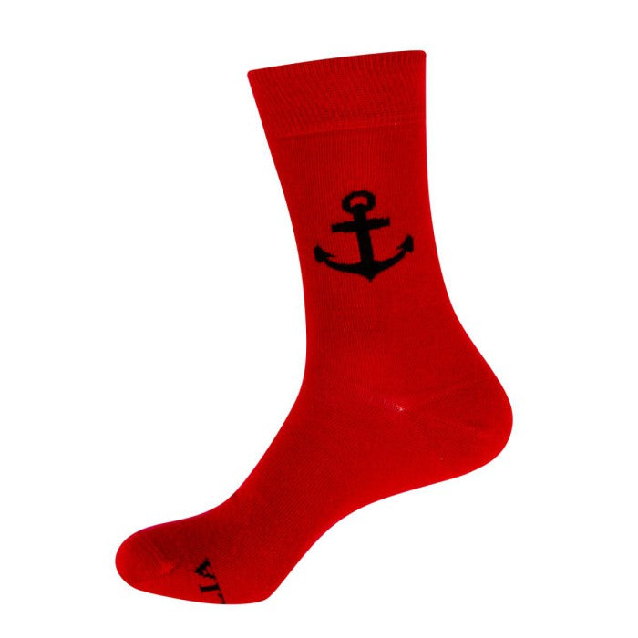 Red sock with a black anchor design on a white background
