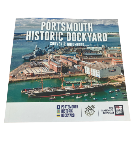 Portsmouth Historic Dockyard souvenir guidebook cover with an aerial view of the dockyard.