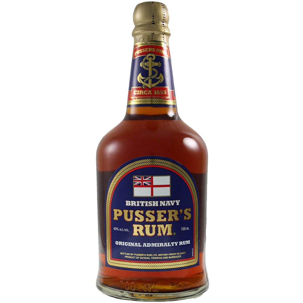 Bottle of Pusser's Rum with a blue label featuring a White Ensign