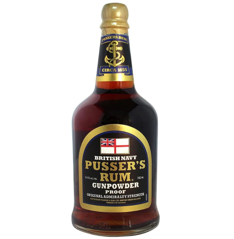 Bottle of Pusser's Rum with a gold cap on a white background