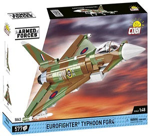 Cobi Eurofighter Typhoon FGR4 toy set packaging with a fighter jet illustration on a dynamic sky background.