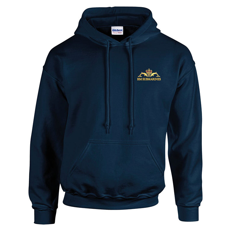 Navy blue hoodie with HM Submarines logo on a white background