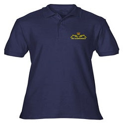 Navy blue polo shirt with a yellow emblem on a white background