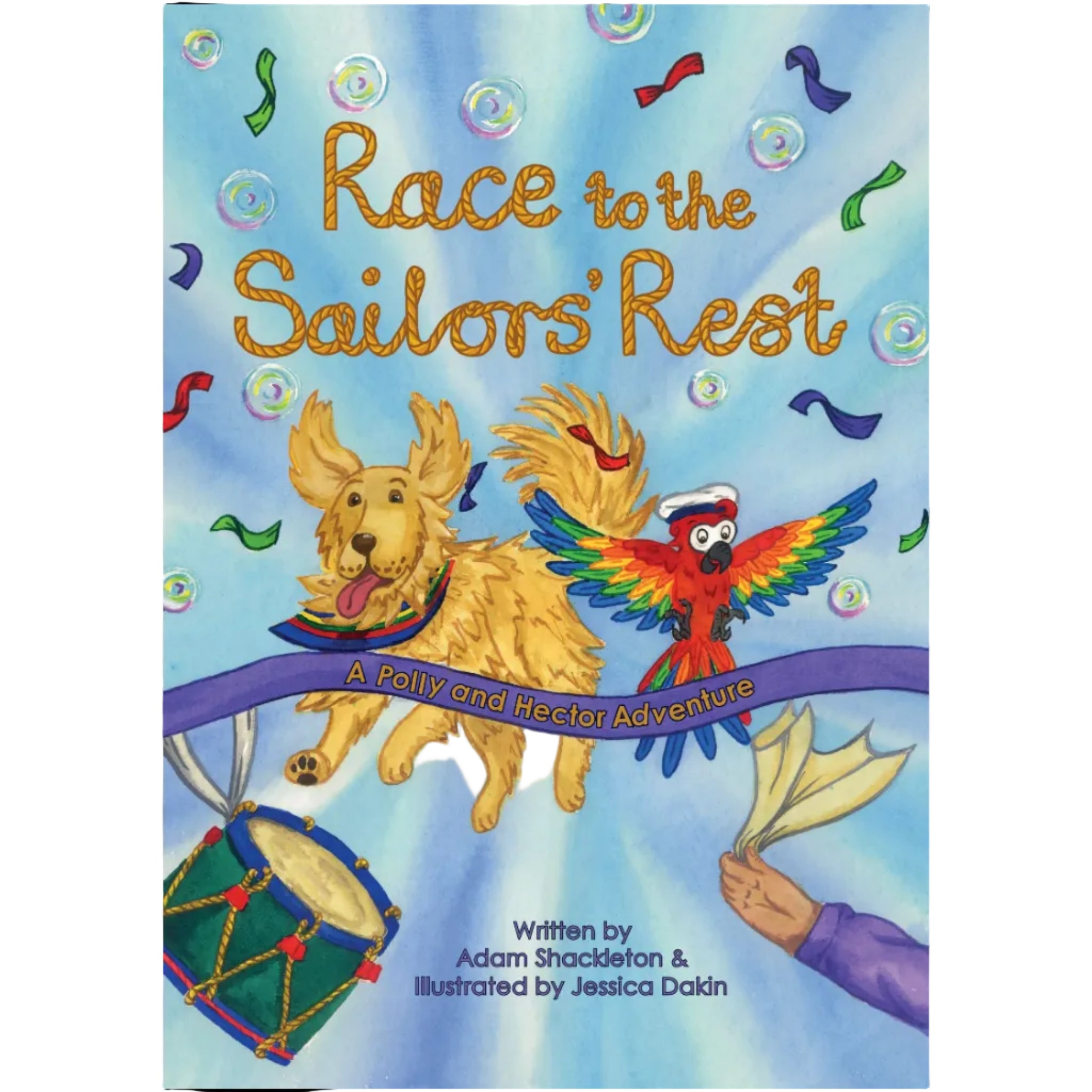 Book cover of 'Race to the Sailors' Rest' featuring a dog and parrot with colourful elements.