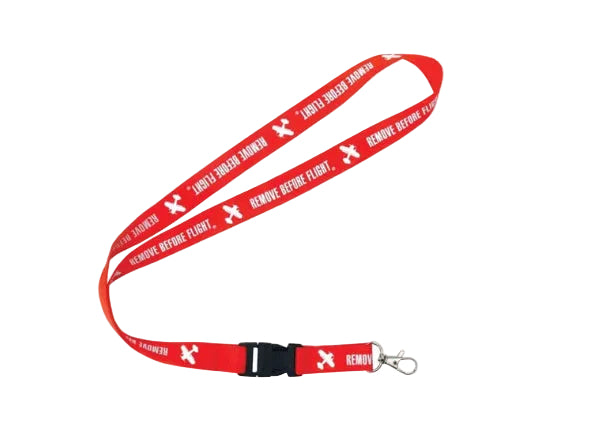 Red lanyard with 'Remove Before Flight' text on a white background