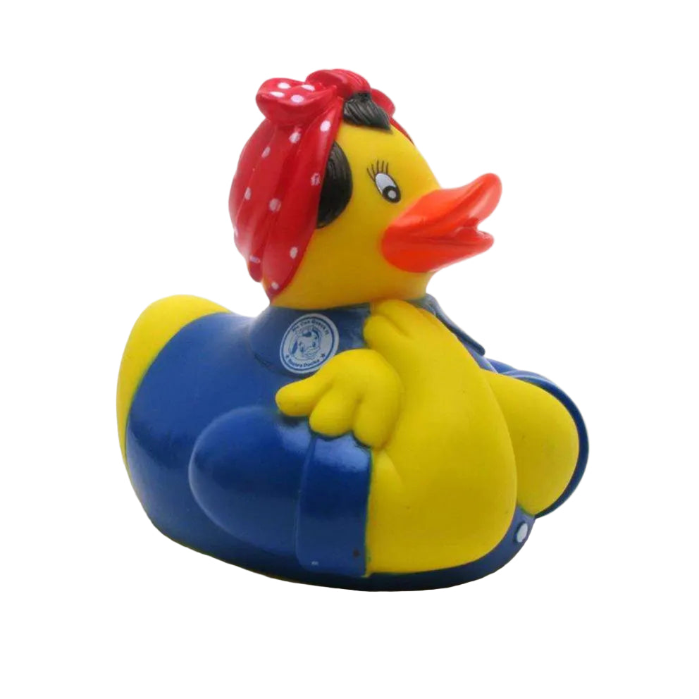 Rubber duck with a red polka dot headband on a white background