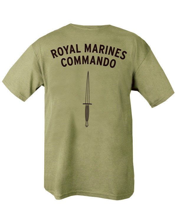 Olive green t-shirt with 'Royal Marines Commando' text and dagger graphic on a white background