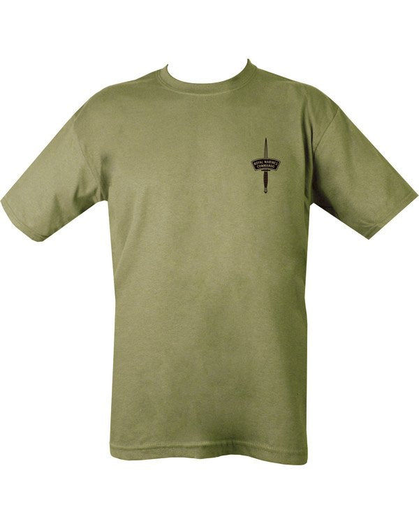 Green t-shirt with a small Royal Marine Commando logo on the chest against a white background
