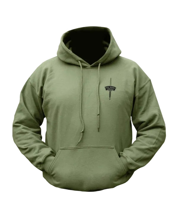 Green hoodie with a Royal Marines logo on the chest against a white background