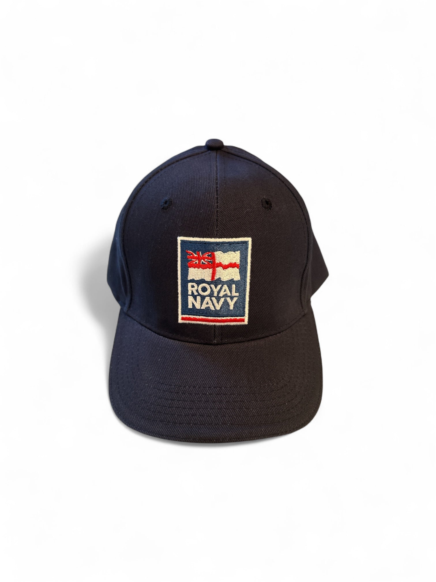 Navy blue baseball cap with the Royal Navy logo embroidered on to the front.