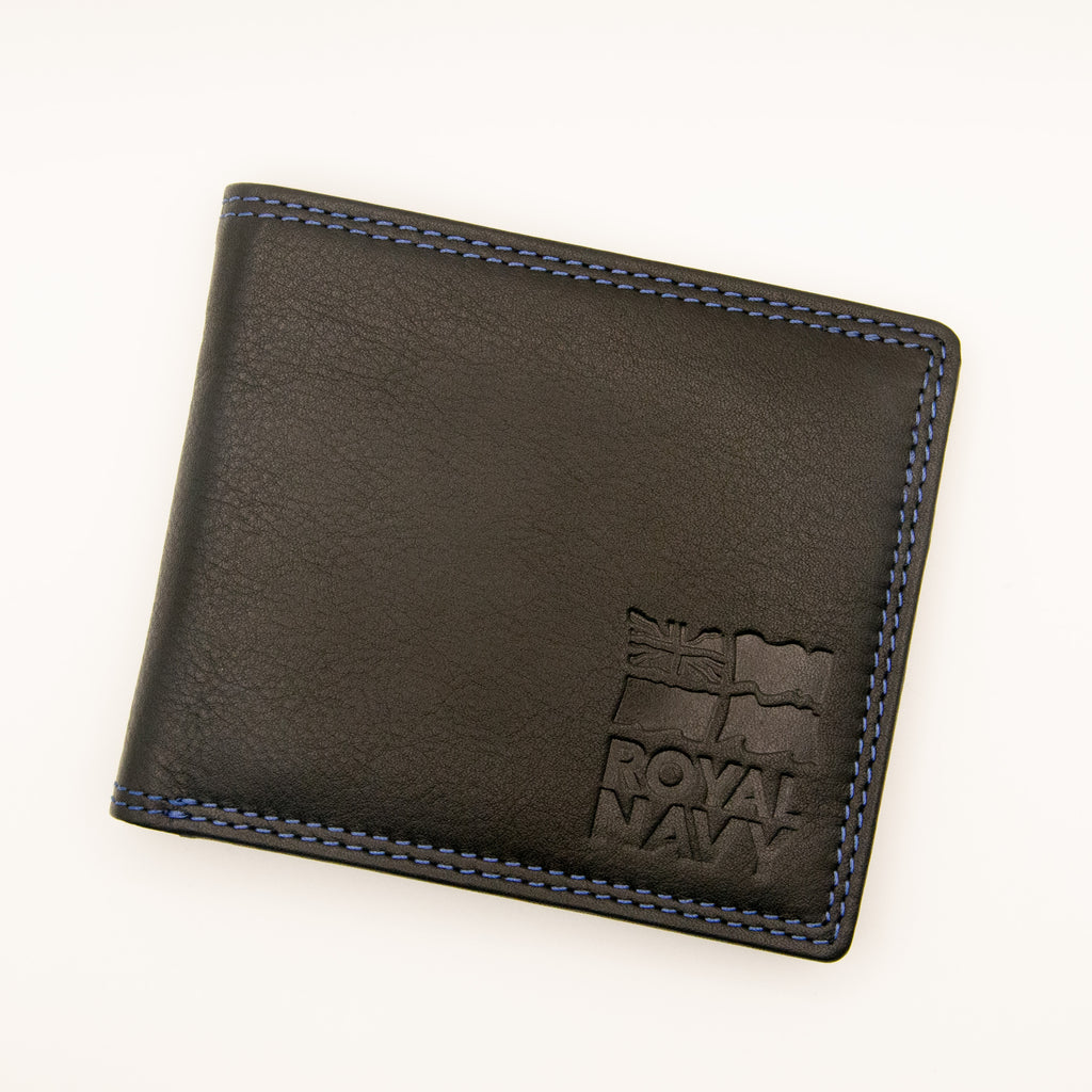 Black leather wallet with blue stitching detail and 'Royal Navy' embossing.