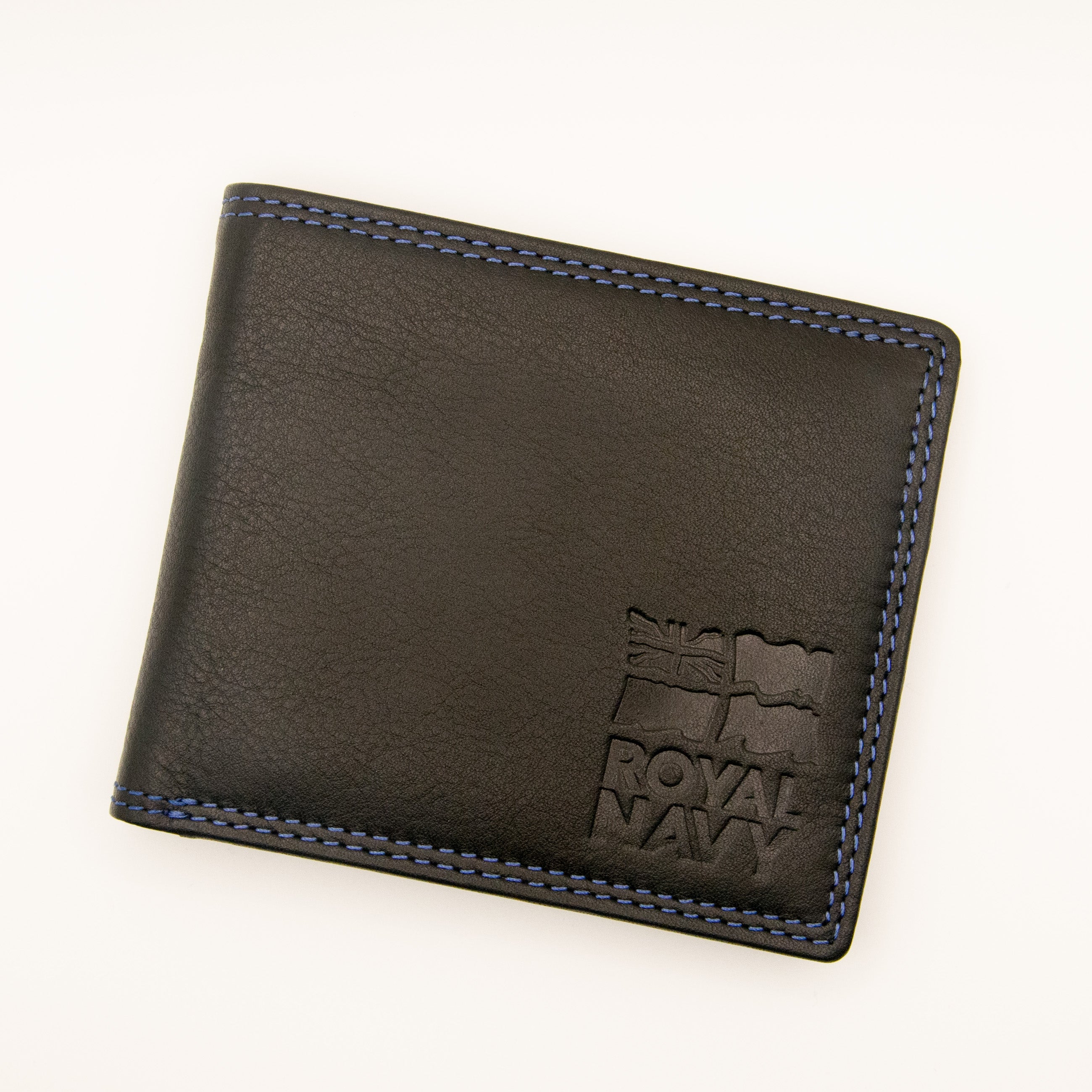 Black leather wallet with blue stitching detail and 'Royal Navy' embossing.