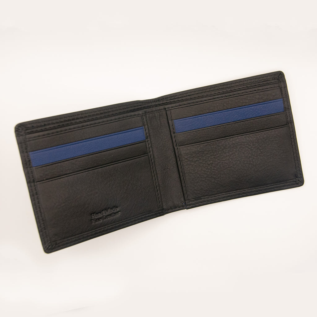 Black leather wallet with blue accents on a white background