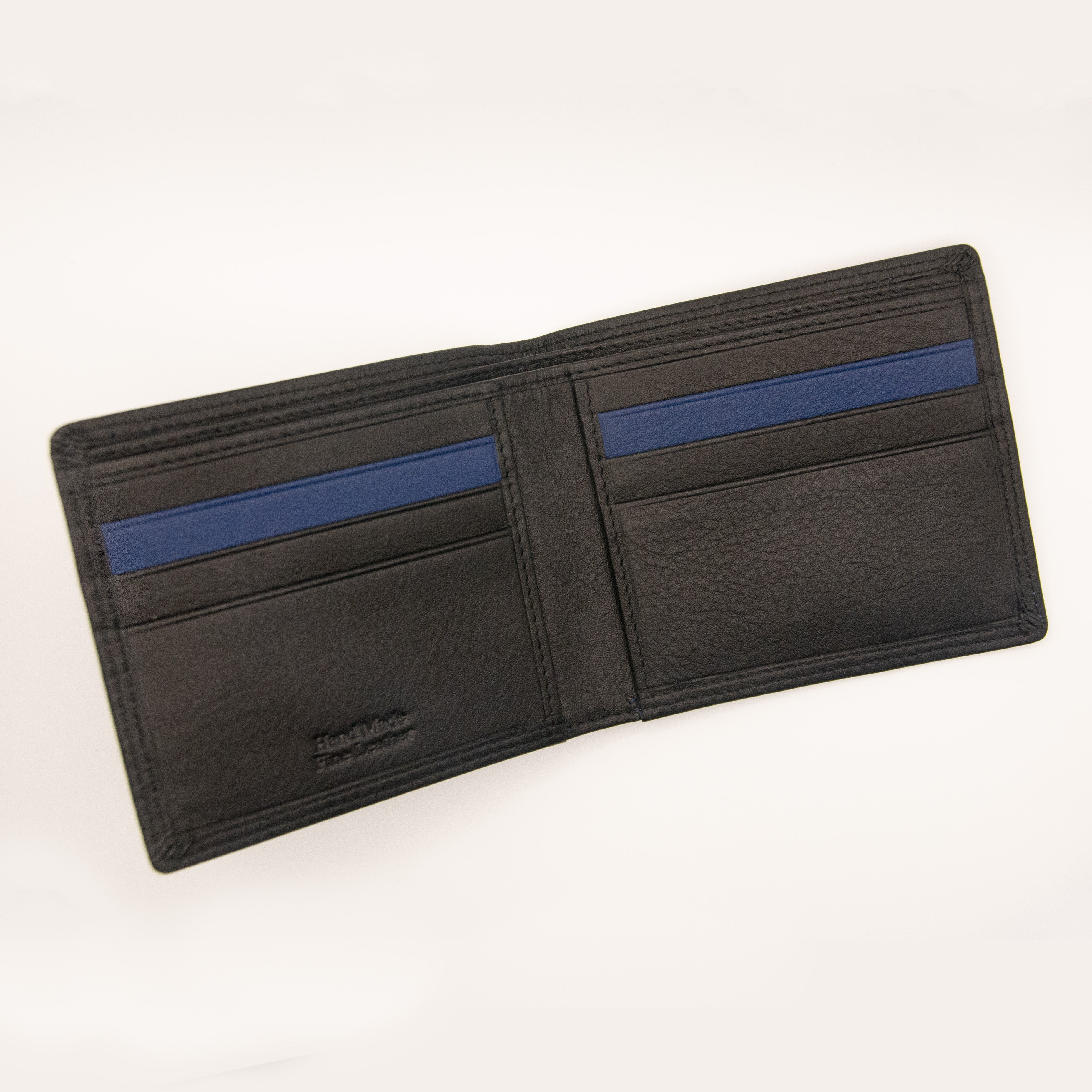 Black leather wallet with blue accents on a white background