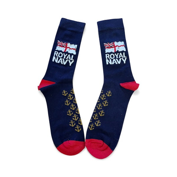 Pair of navy blue socks with Royal Navy logo and anchor pattern on a white background