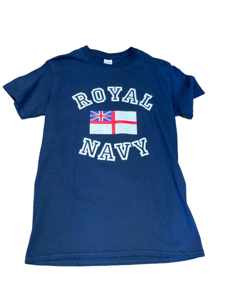Blue t-shirt with 'Royal Navy' text and flag on a white background