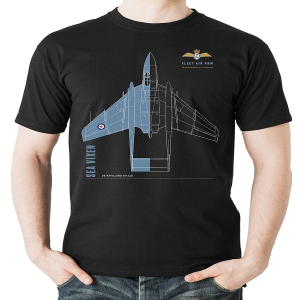 Black t-shirt with a blue airplane design on a white background