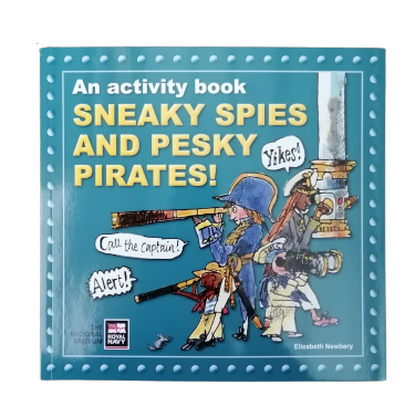 Book cover of 'Sneaky Spies and Pesky Pirates' activity book with illustrations of spies and pirates on a blue background.
