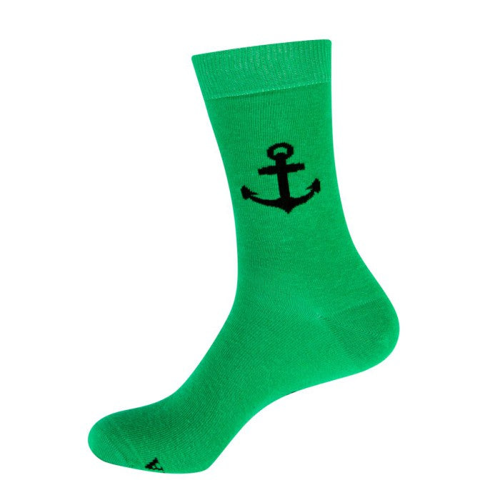 Green sock with a black anchor design on a white background