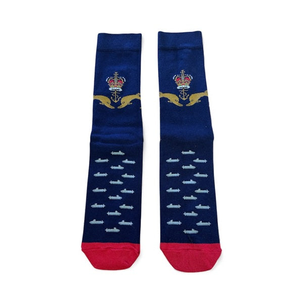 Pair of socks with a gold dolphin and grey submarine design