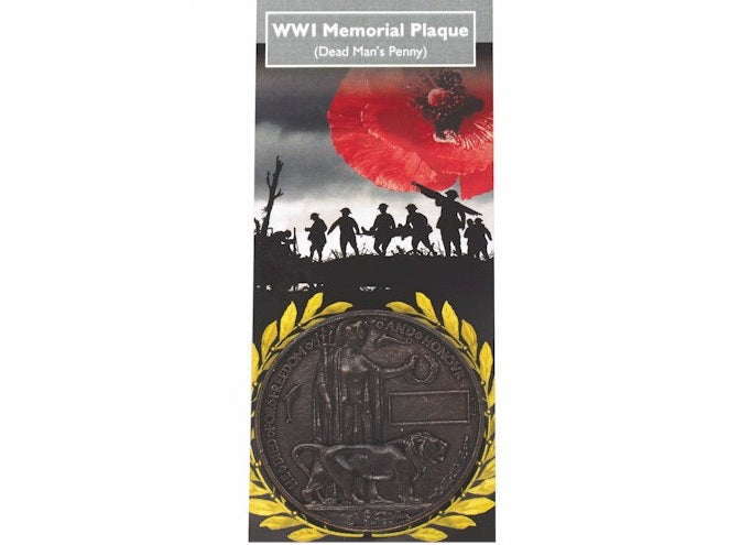 WWI Memorial Plaque packaging with a red poppy and silhouette design.
