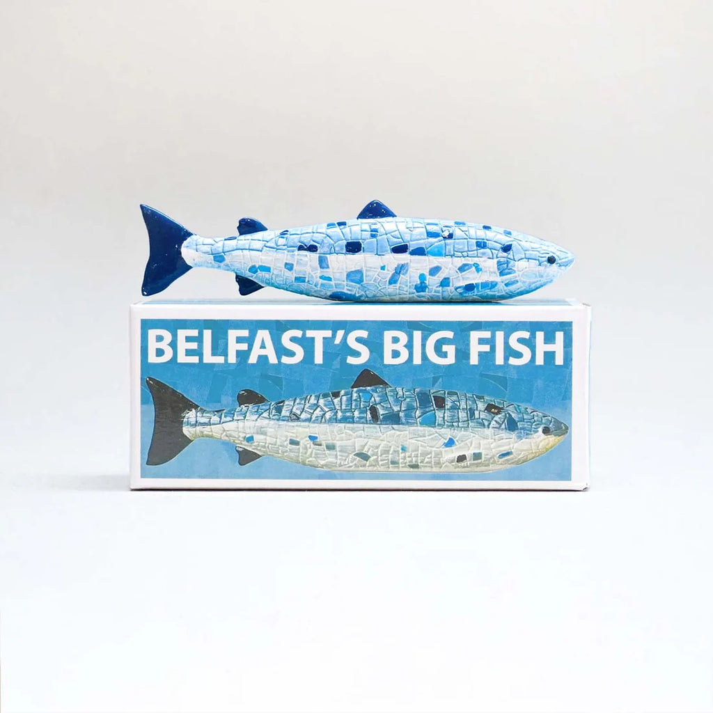 Decorative fish sculpture on a stand with 'Belfast's Big Fish' text against a white background