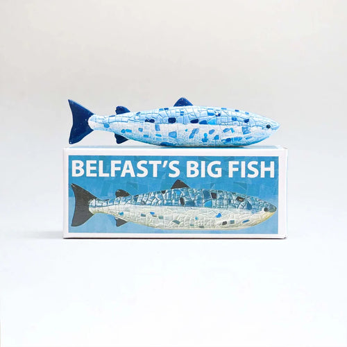 Decorative fish sculpture on a stand with 'Belfast's Big Fish' text against a white background