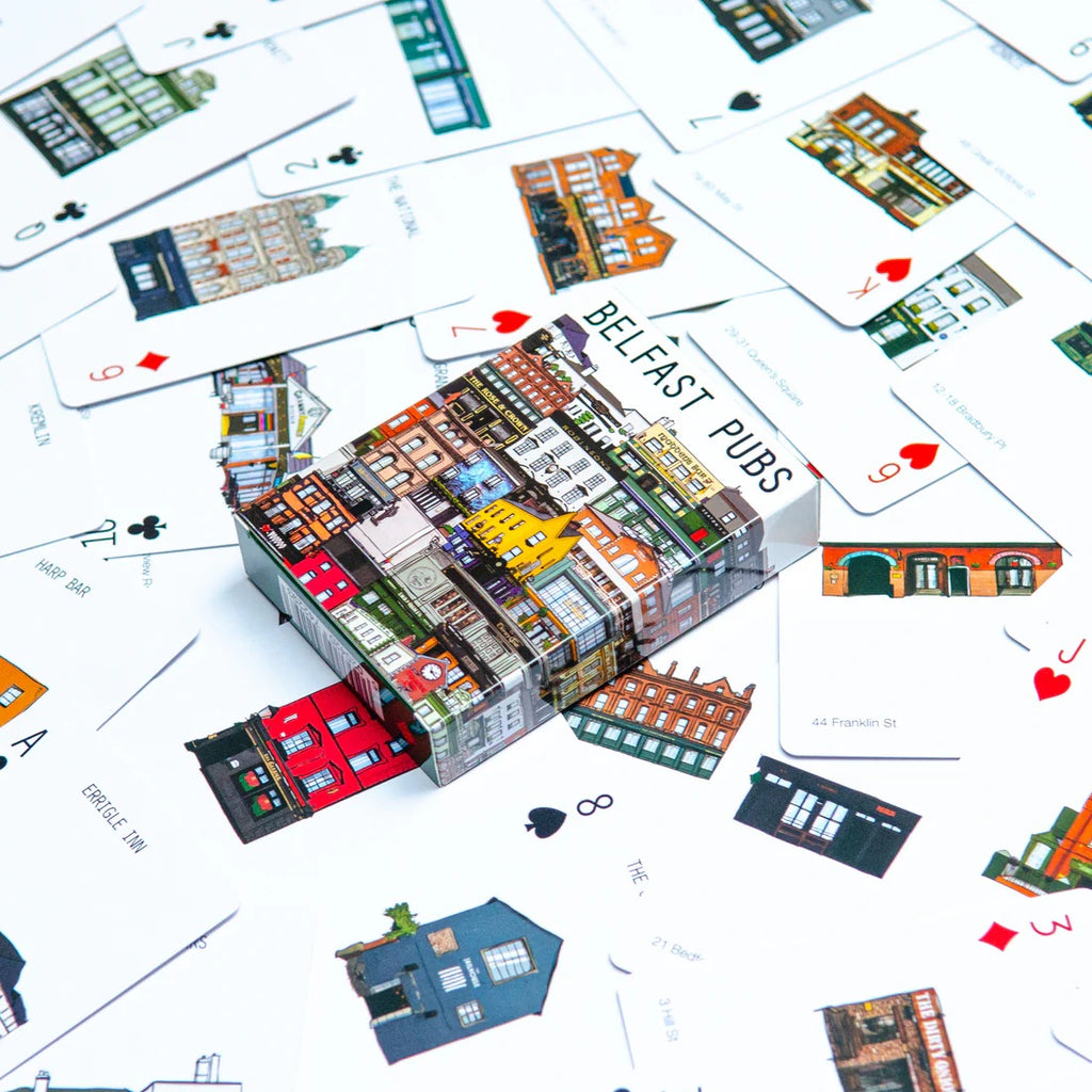 Card game box titled 'Belfast Pubs' surrounded by playing card-style illustrations of buildings on a white background.
