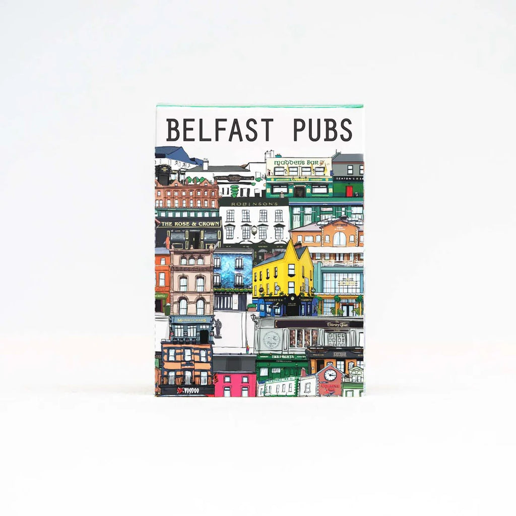 Pack of playing cards titled 'Belfast Pubs' with colourful illustrations of buildings on a white background