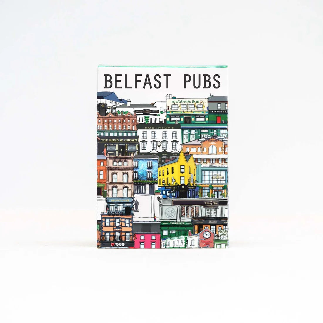 Pack of playing cards titled 'Belfast Pubs' with colourful illustrations of buildings on a white background