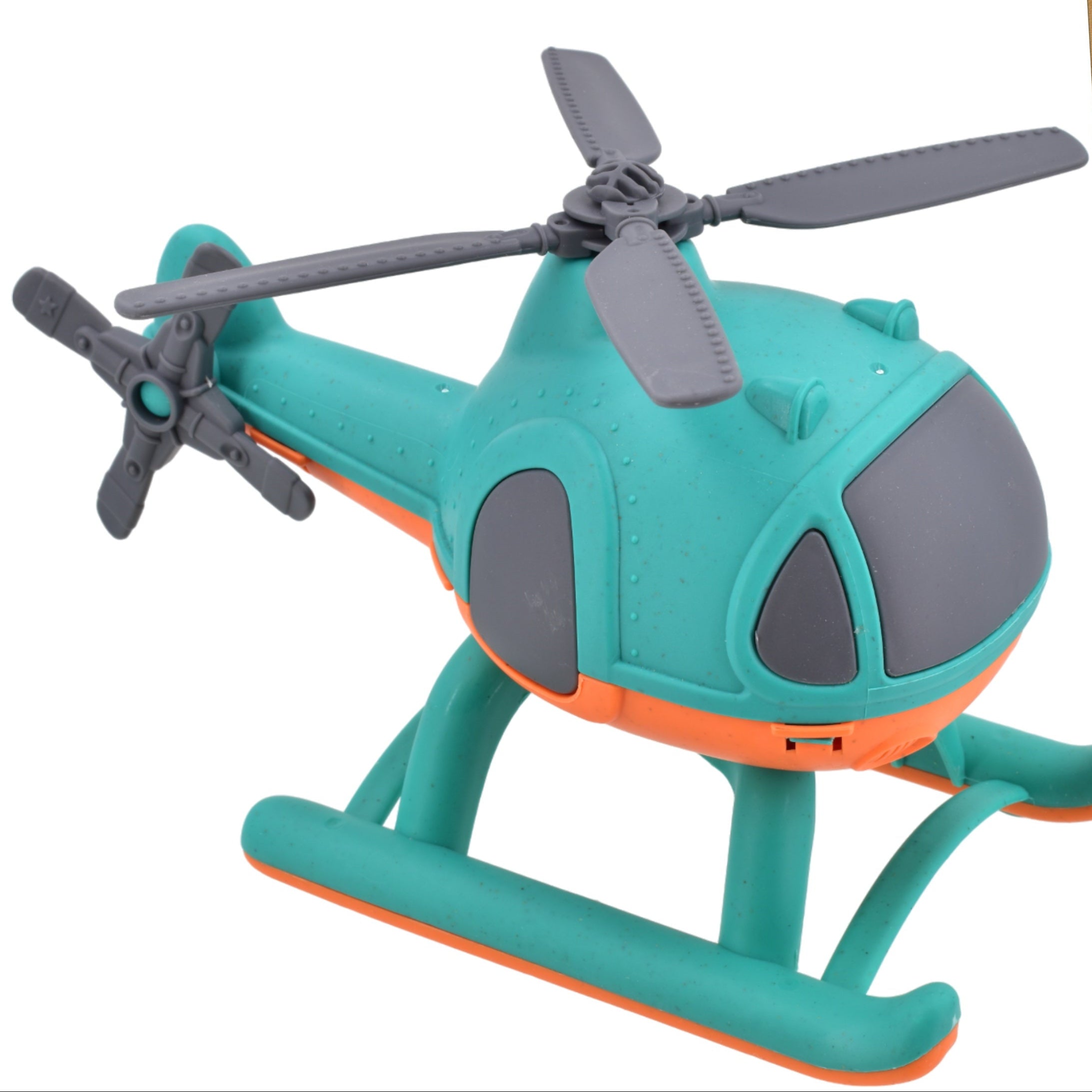 Toy helicopter with green and orange colours on a white background