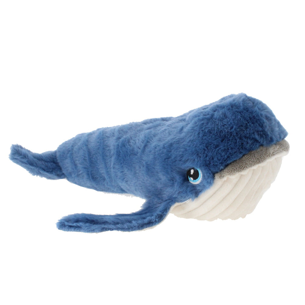 Blue plush whale toy on a white background