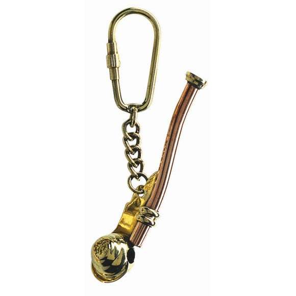 Keychain with a gold hook and a copper-colored pipe on a white background