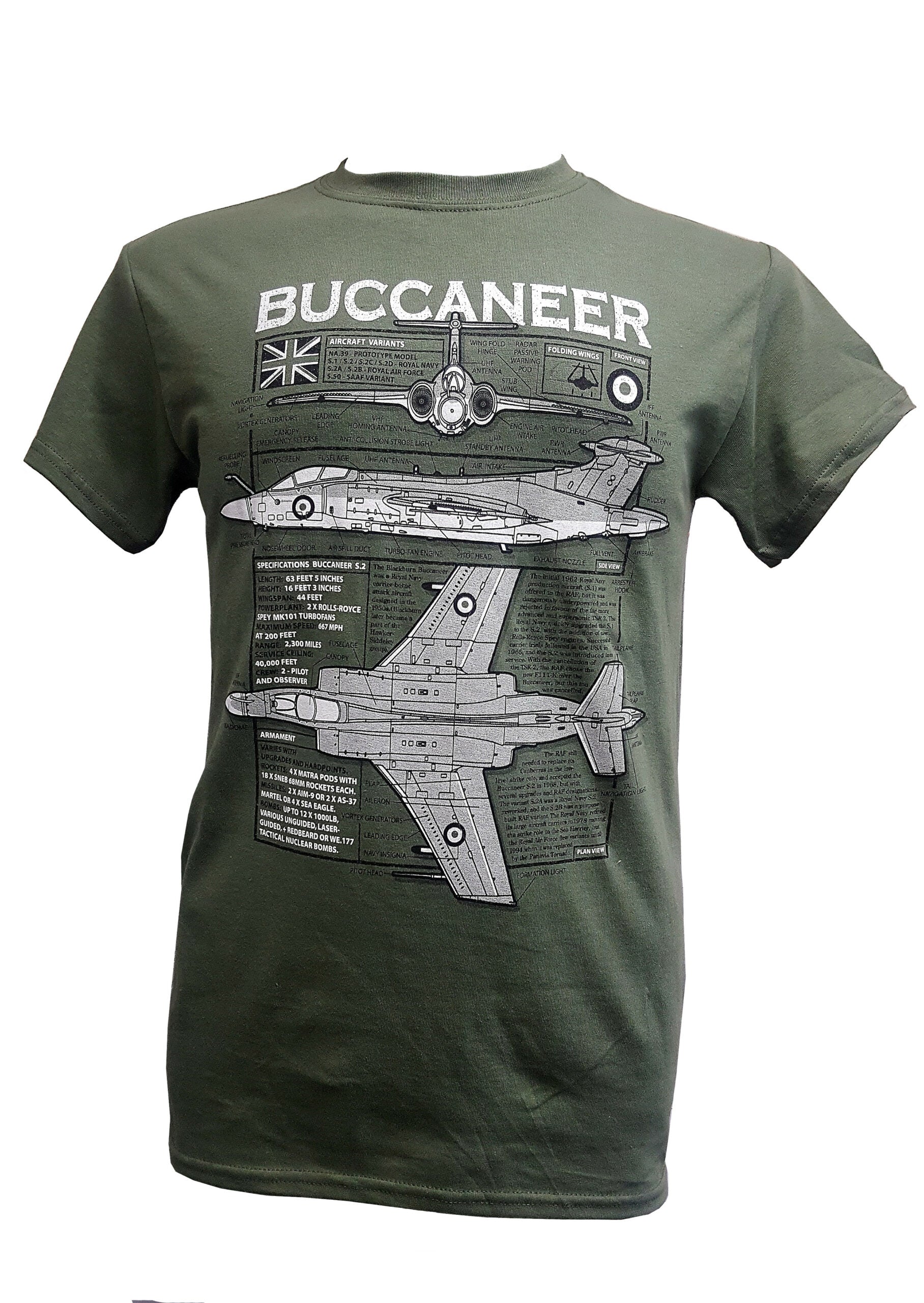 Green t-shirt with 'Buccaneer' design featuring an airplane on a white background