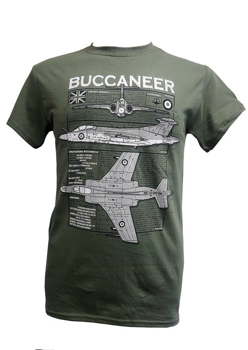 Green t-shirt with 'Buccaneer' design featuring an airplane on a white background