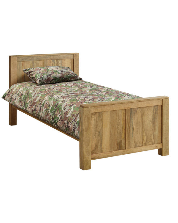 Wooden bed with camouflage bedding on a white background